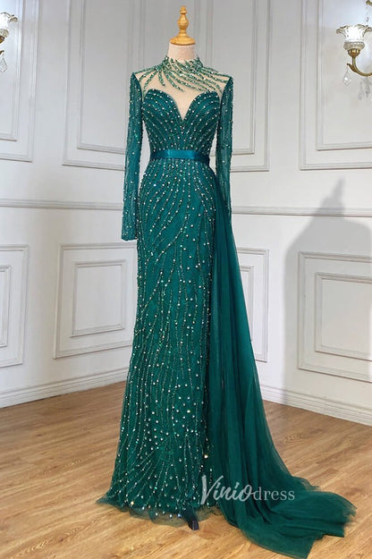 Beaded Mermaid Formal Dresses Long Sleeve High Neck Pageant Dress FD3002-Evening Dresses 2025 -Viniodress-Emerald Green-US 2-