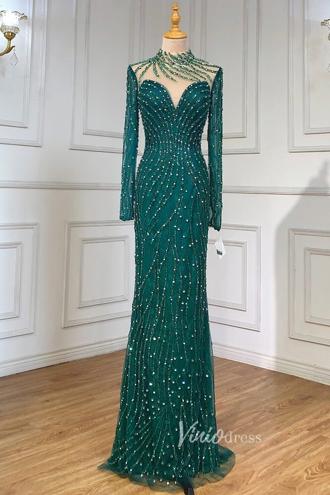 Beaded Mermaid Formal Dresses Long Sleeve High Neck Pageant Dress FD3002-Evening Dresses 2025 -Viniodress-Emerald Green-US 2-