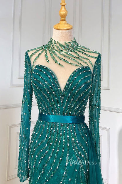 Beaded Mermaid Formal Dresses Long Sleeve High Neck Pageant Dress FD3002-Evening Dresses 2025 -Viniodress-Emerald Green-US 2-