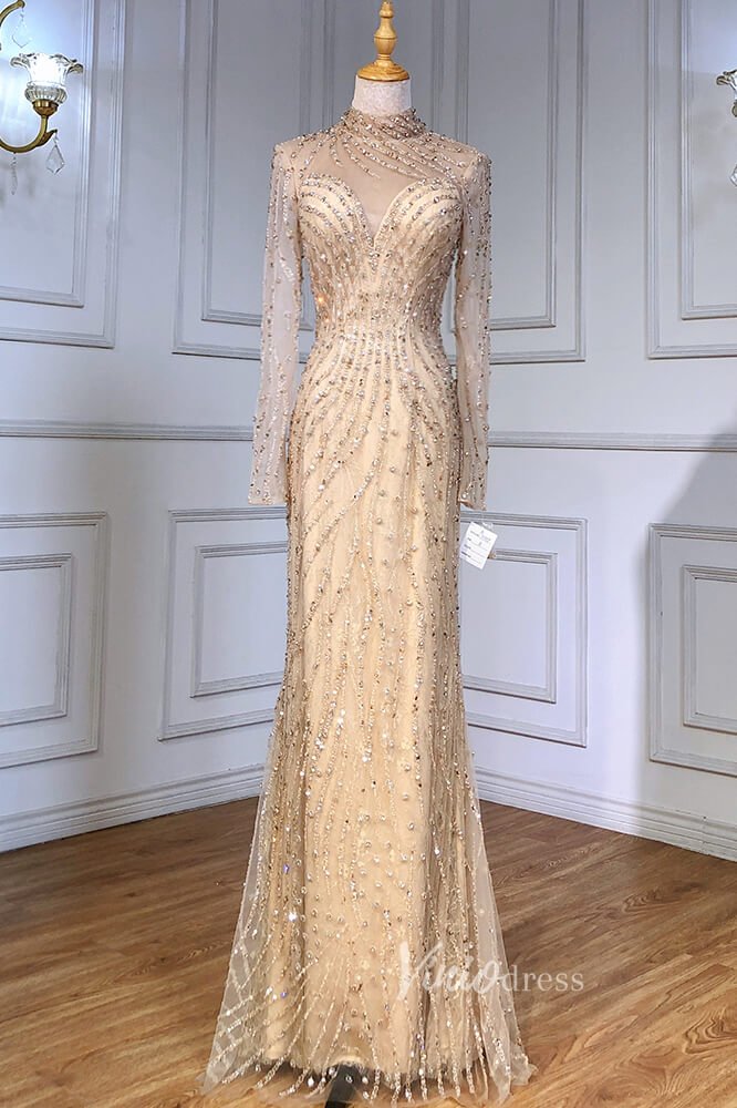 Beaded Mermaid Formal Dresses Long Sleeve High Neck Pageant Dress FD3002-Evening Dresses 2025 -Viniodress-Emerald Green-US 2-