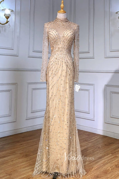 Beaded Mermaid Formal Dresses Long Sleeve High Neck Pageant Dress FD3002-Evening Dresses 2025 -Viniodress-Emerald Green-US 2-