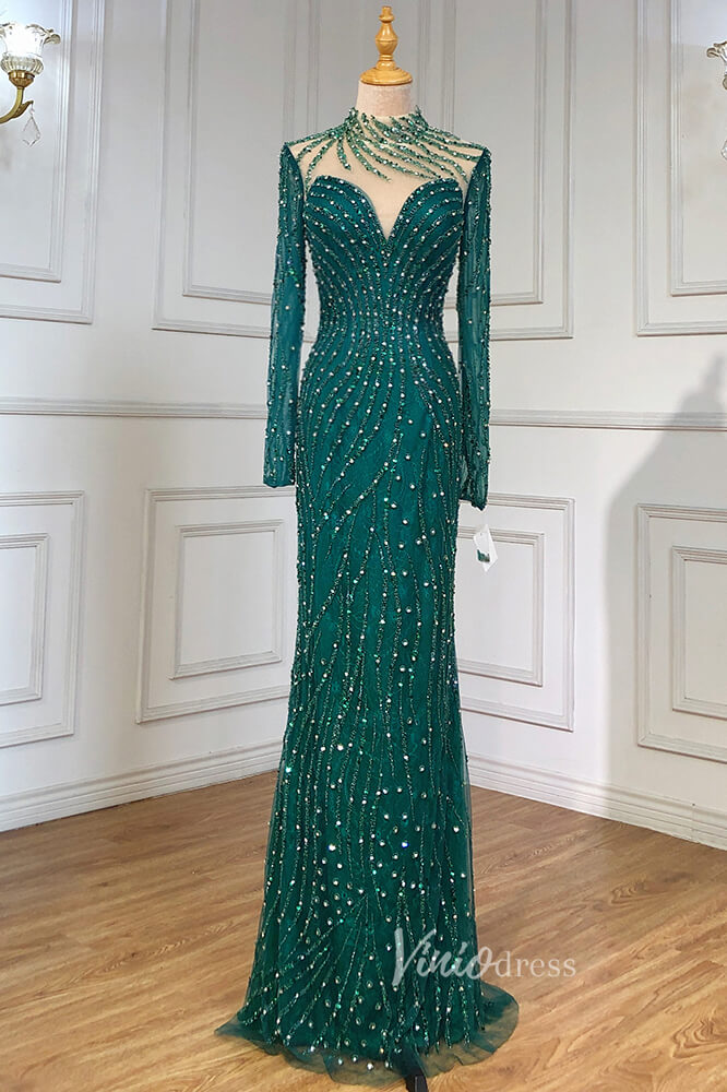 Prom Dress 2025 Beaded Mermaid Formal Dresses Long Sleeve High Neck Pageant Dress FD3002-unique prom dresses-Emerald Green-US 2-Viniodress