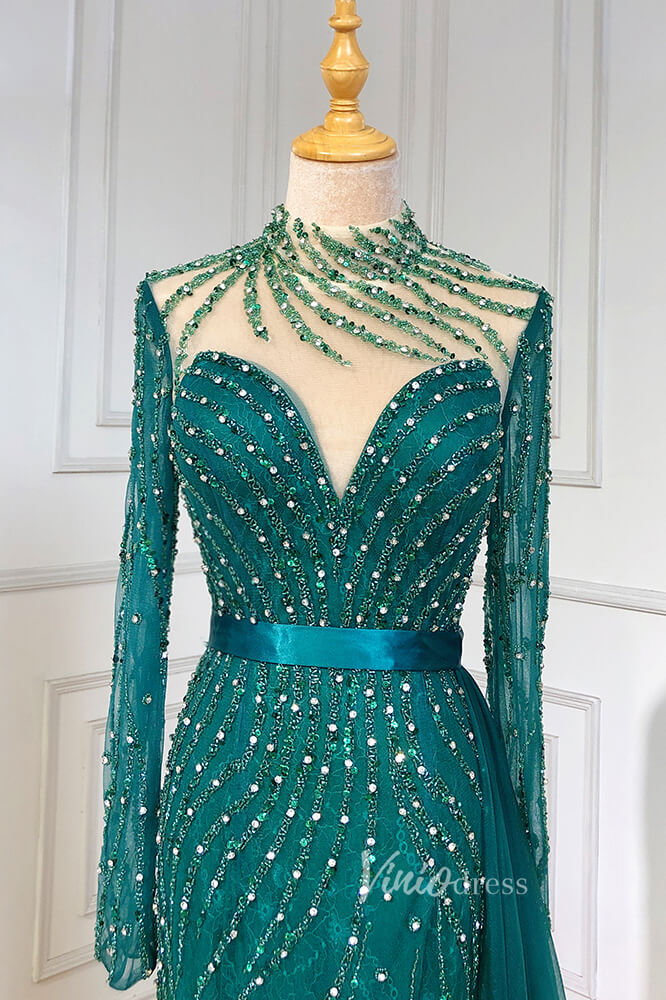 Prom Dress 2025 Beaded Mermaid Formal Dresses Long Sleeve High Neck Pageant Dress FD3002-unique prom dresses-Emerald Green-US 2-Viniodress