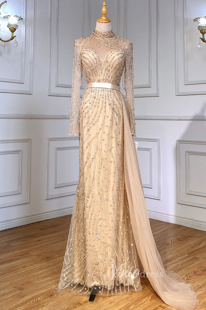 Prom Dress 2025 Beaded Mermaid Formal Dresses Long Sleeve High Neck Pageant Dress FD3002-unique prom dresses-Champagne-US 2-Viniodress