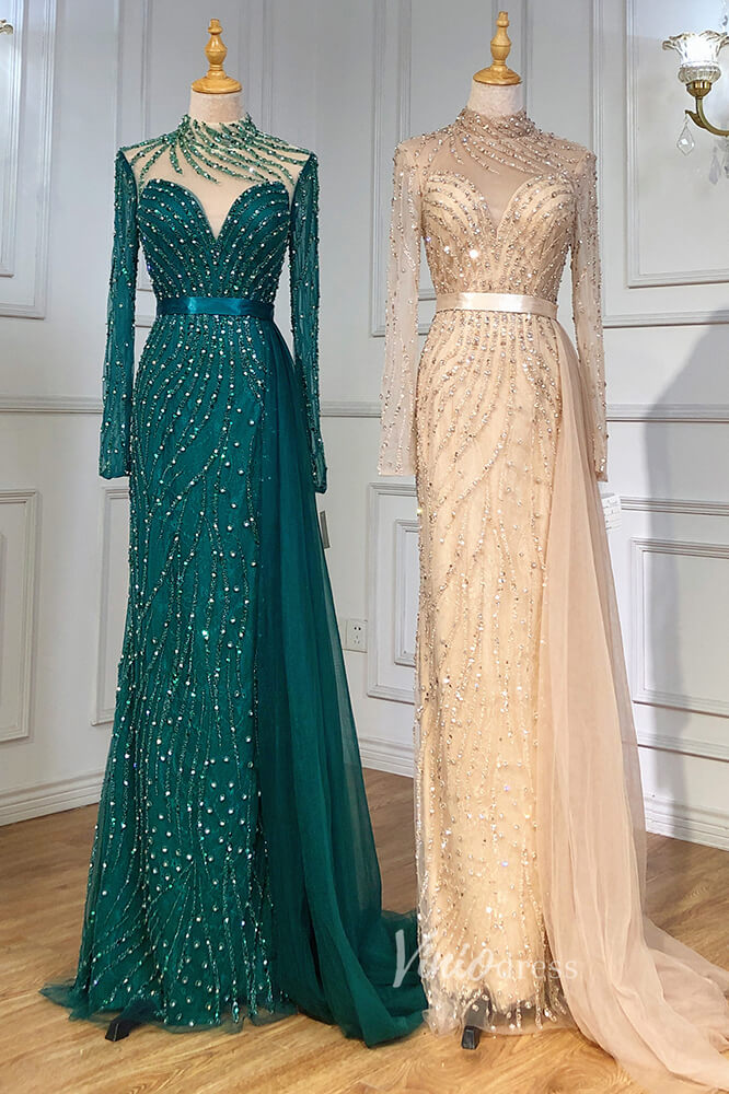 Prom Dress 2025 Beaded Mermaid Formal Dresses Long Sleeve High Neck Pageant Dress FD3002-unique prom dresses-Emerald Green-US 2-Viniodress