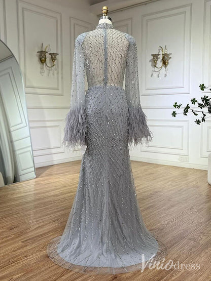Beaded Mermaid Long Sleeve Prom Dresses High Neck Feathers Pageant Dress AD1246-Evening Dresses 2025 -Viniodress-Champagne-US 2-