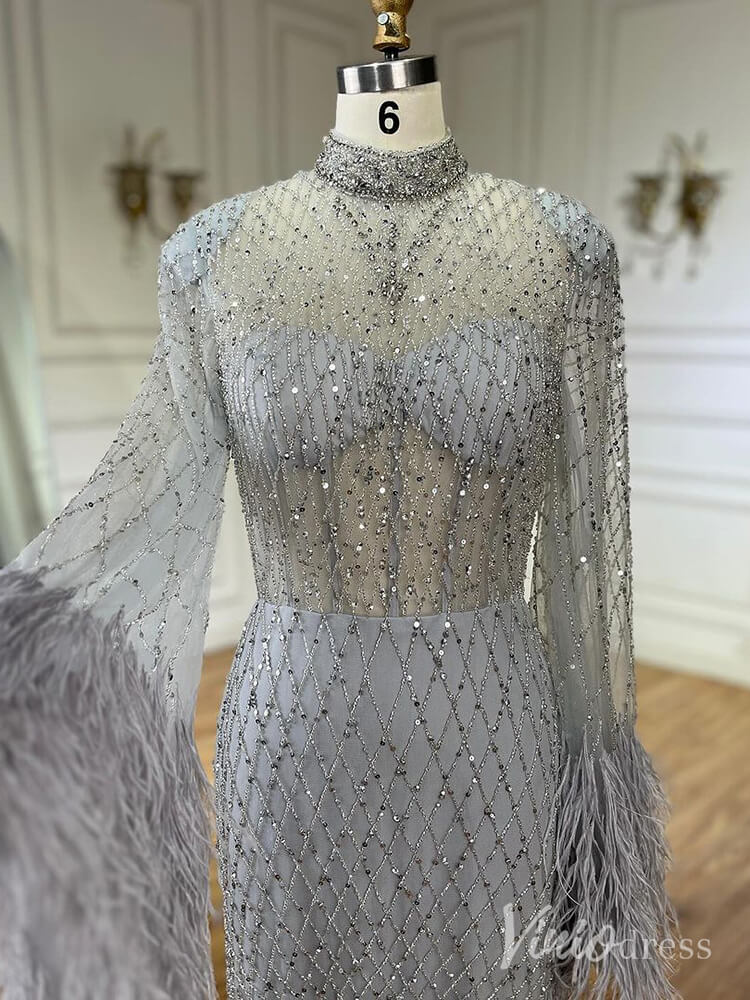 Beaded Mermaid Long Sleeve Prom Dresses High Neck Feathers Pageant Dress AD1246-Evening Dresses 2025 -Viniodress-Champagne-US 2-