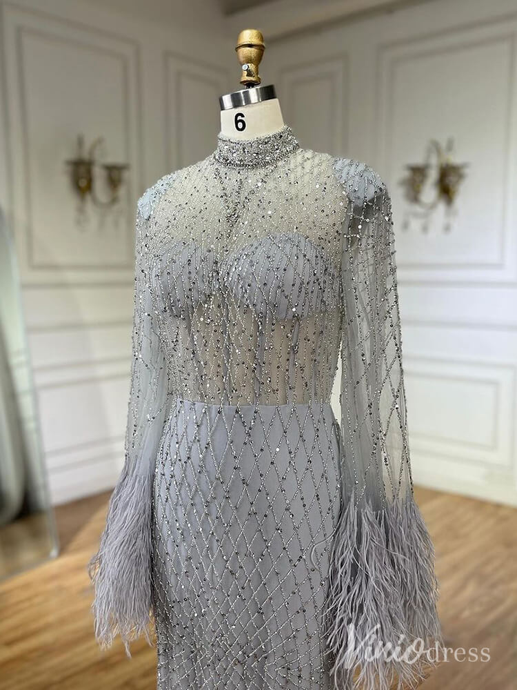 Beaded Mermaid Long Sleeve Prom Dresses High Neck Feathers Pageant Dress AD1246-Evening Dresses 2025 -Viniodress-Champagne-US 2-