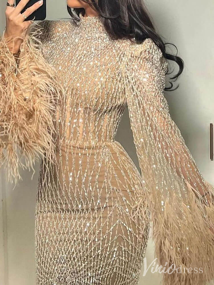 Beaded Mermaid Long Sleeve Prom Dresses High Neck Feathers Pageant Dress AD1246-Evening Dresses 2025 -Viniodress-Champagne-US 2-