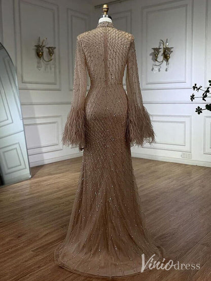 Beaded Mermaid Long Sleeve Prom Dresses High Neck Feathers Pageant Dress AD1246-Evening Dresses 2025 -Viniodress-Champagne-US 2-