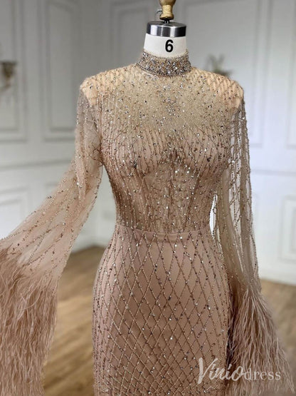 Beaded Mermaid Long Sleeve Prom Dresses High Neck Feathers Pageant Dress AD1246-Evening Dresses 2025 -Viniodress-Champagne-US 2-