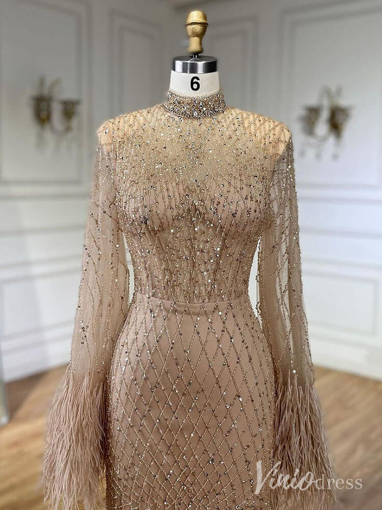Beaded Mermaid Long Sleeve Prom Dresses High Neck Feathers Pageant Dress AD1246-Evening Dresses 2025 -Viniodress-Champagne-US 2-