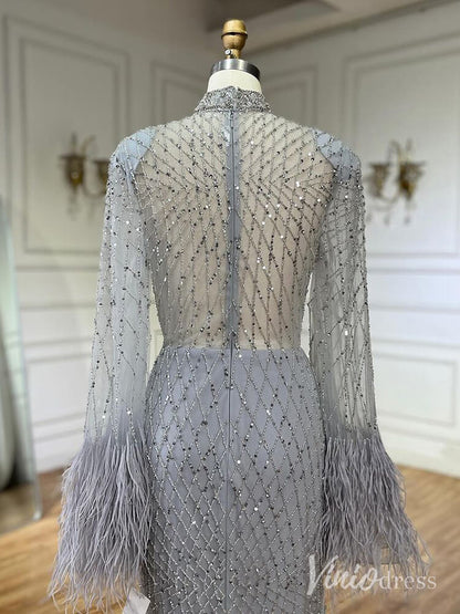 Beaded Mermaid Long Sleeve Prom Dresses High Neck Feathers Pageant Dress AD1246-Evening Dresses 2025 -Viniodress-Champagne-US 2-