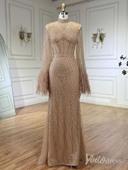 Beaded Mermaid Long Sleeve Prom Dresses High Neck Feathers Pageant Dress AD1246-Evening Dresses 2025 -Viniodress-Champagne-US 2-