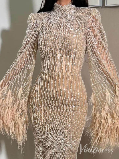 Beaded Mermaid Long Sleeve Prom Dresses High Neck Feathers Pageant Dress AD1246-Evening Dresses 2025 -Viniodress-Champagne-US 2-