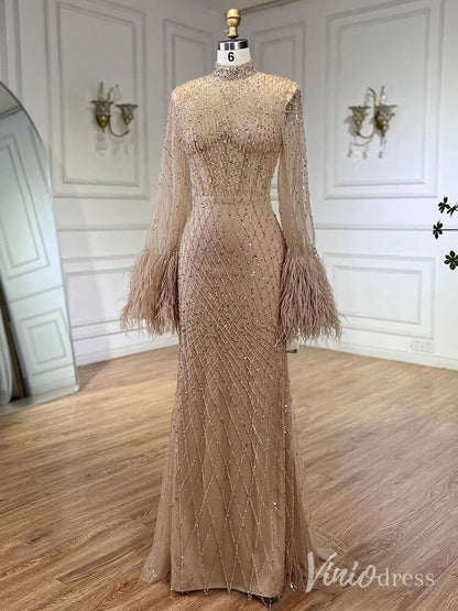 Beaded Mermaid Long Sleeve Prom Dresses High Neck Feathers Pageant Dress AD1246-Evening Dresses 2025 -Viniodress-Champagne-US 2-