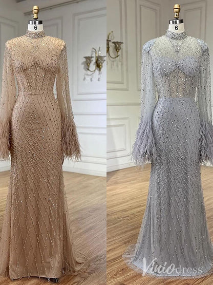 Beaded Mermaid Long Sleeve Prom Dresses High Neck Feathers Pageant Dress AD1246-Evening Dresses 2025 -Viniodress-Champagne-US 2-