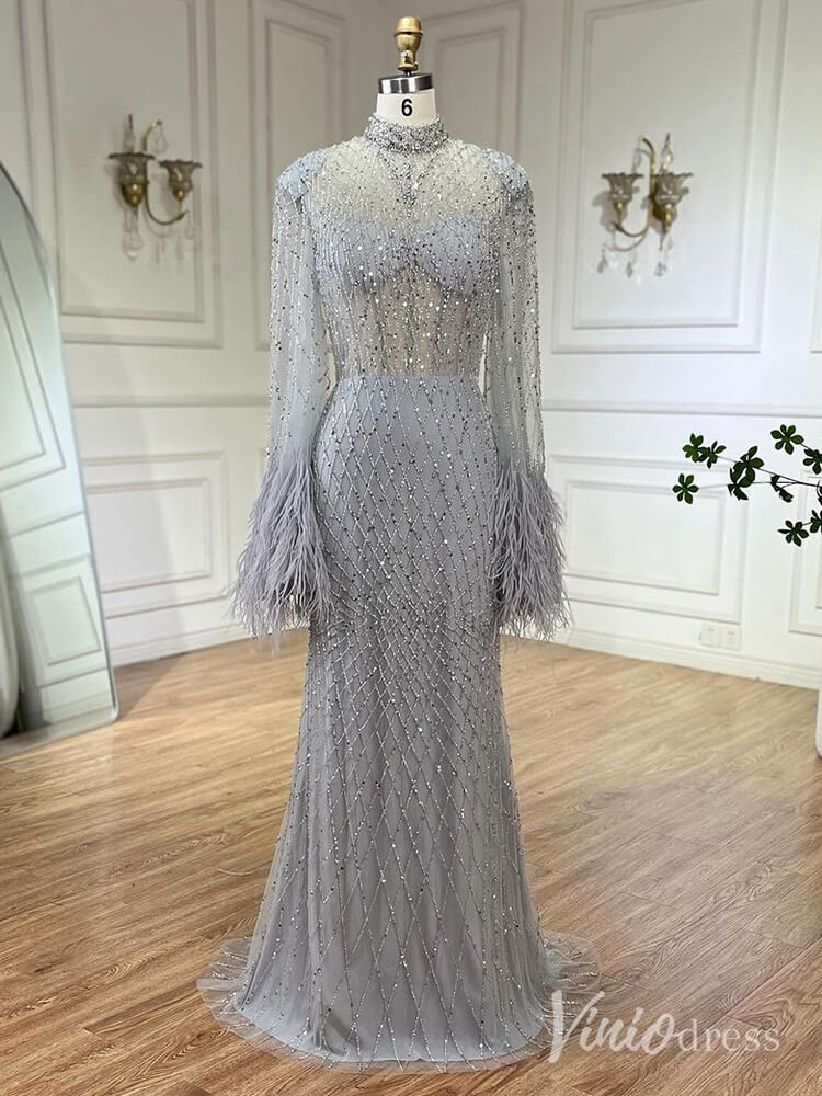 Beaded Mermaid Long Sleeve Prom Dresses High Neck Feathers Pageant Dress AD1246-Evening Dresses 2025 -Viniodress-Silver-US 2-
