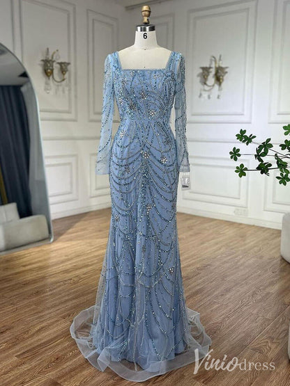 Beaded Mermaid Long Sleeve Prom Dresses Square Neck Pageant Dress AD1248-Evening Dresses 2025 -Viniodress-Blue-US 2-