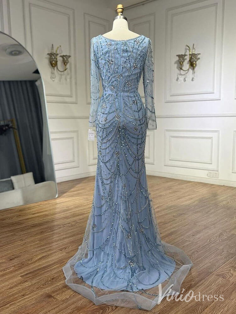 Beaded Mermaid Long Sleeve Prom Dresses Square Neck Pageant Dress AD1248-Evening Dresses 2025 -Viniodress-Green-US 2-