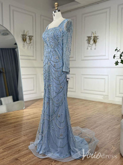 Beaded Mermaid Long Sleeve Prom Dresses Square Neck Pageant Dress AD1248-Evening Dresses 2025 -Viniodress-Green-US 2-