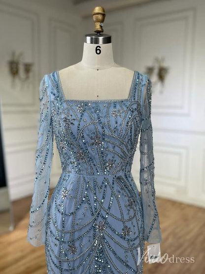 Beaded Mermaid Long Sleeve Prom Dresses Square Neck Pageant Dress AD1248-Evening Dresses 2025 -Viniodress-Green-US 2-