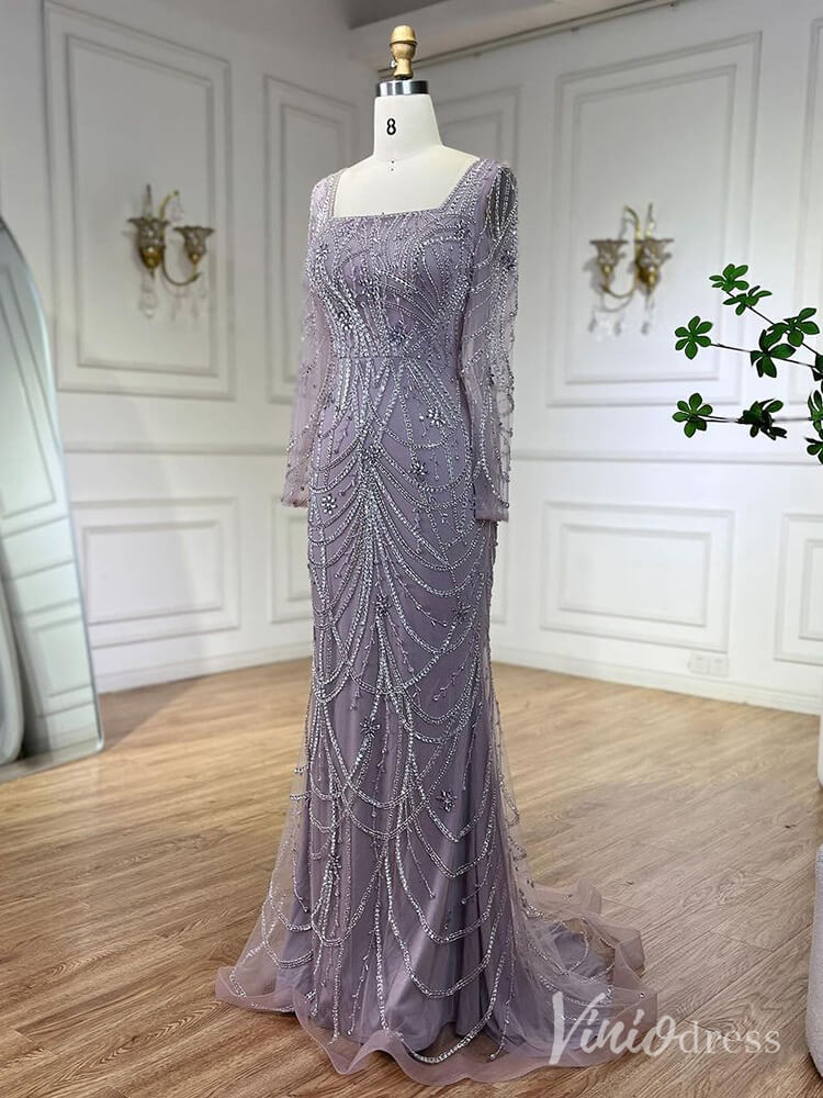 Beaded Mermaid Long Sleeve Prom Dresses Square Neck Pageant Dress AD1248-Evening Dresses 2025 -Viniodress-Green-US 2-