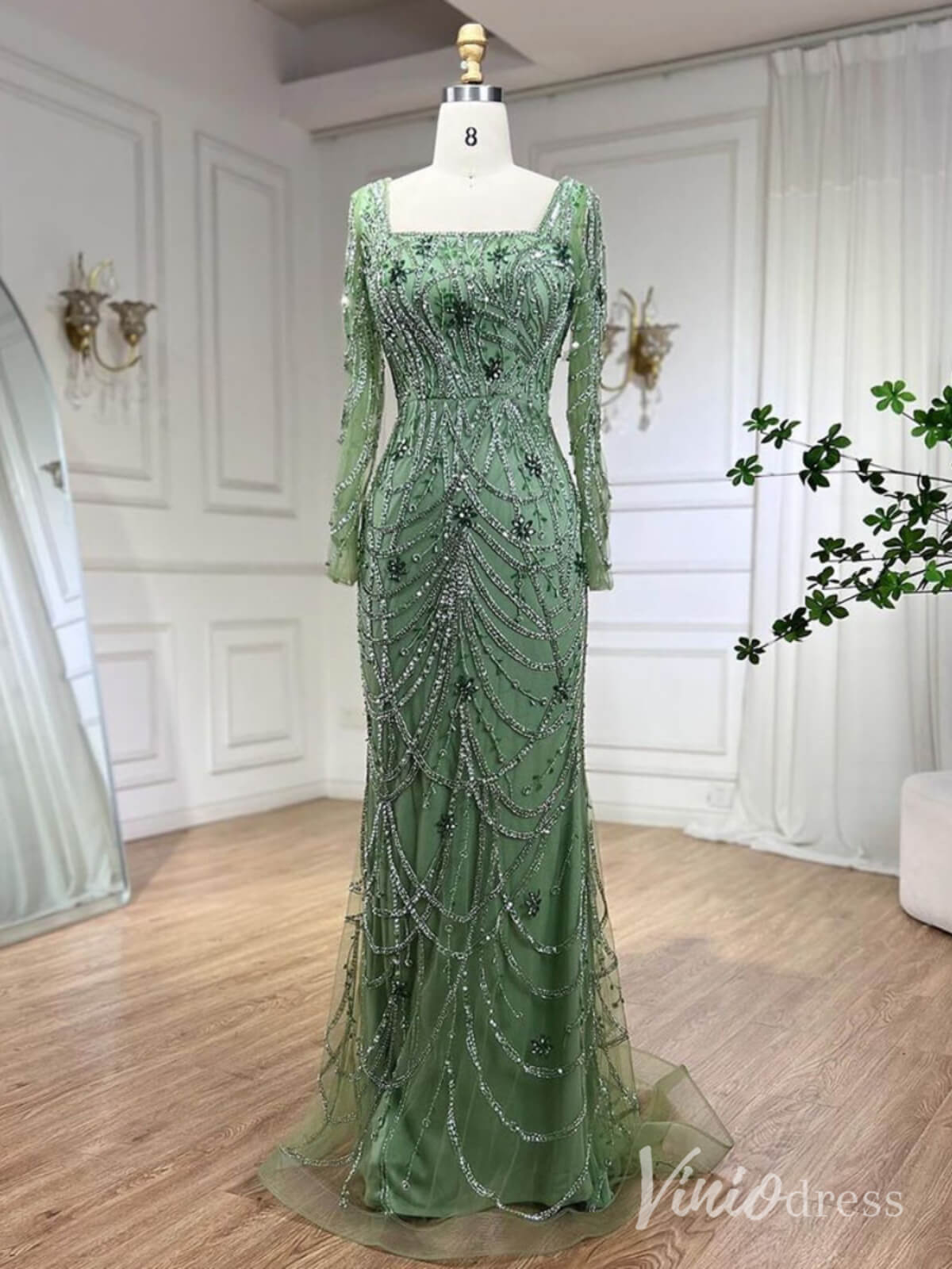 Beaded Mermaid Long Sleeve Prom Dresses Square Neck Pageant Dress AD1248-Evening Dresses 2025 -Viniodress-Green-US 2-