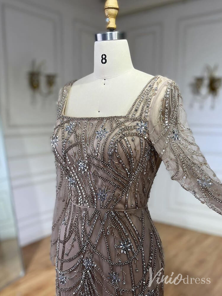 Beaded Mermaid Long Sleeve Prom Dresses Square Neck Pageant Dress AD1248-Evening Dresses 2025 -Viniodress-Green-US 2-