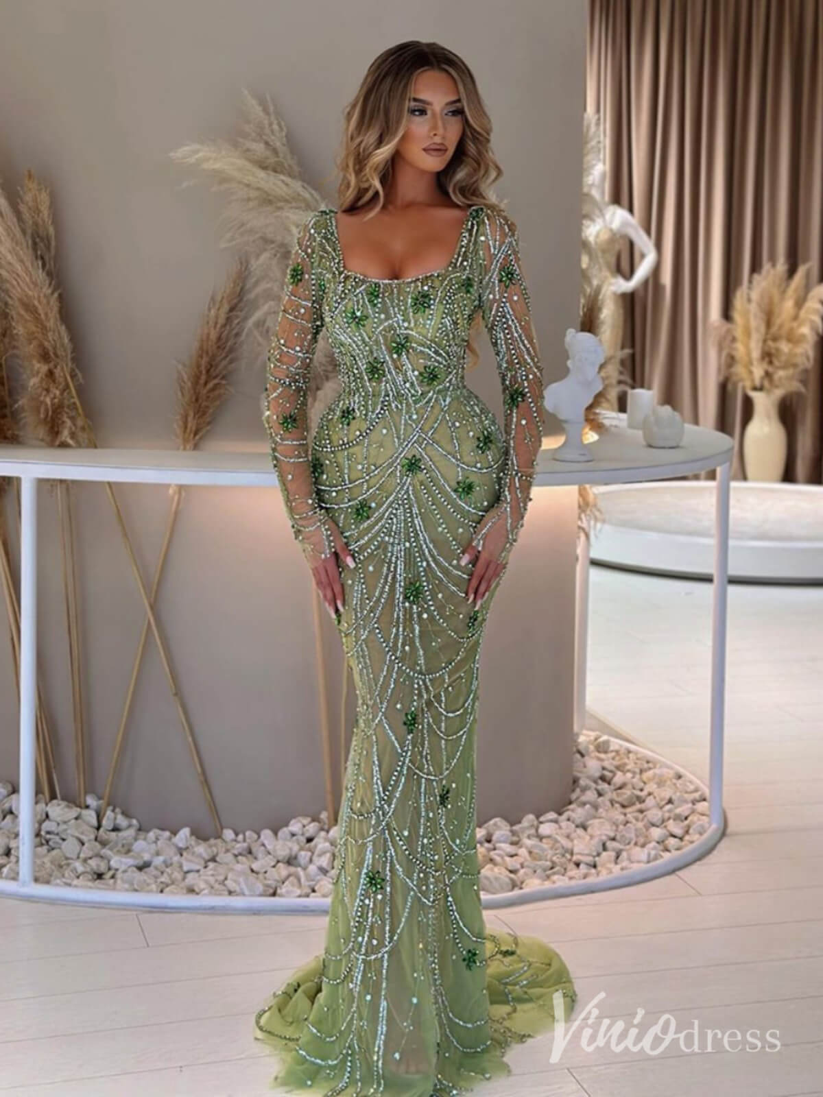 Beaded Mermaid Long Sleeve Prom Dresses Square Neck Pageant Dress AD1248-Evening Dresses 2025 -Viniodress-Green-US 2-