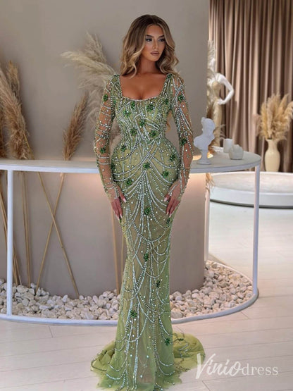 Beaded Mermaid Long Sleeve Prom Dresses Square Neck Pageant Dress AD1248-Evening Dresses 2025 -Viniodress-Green-US 2-