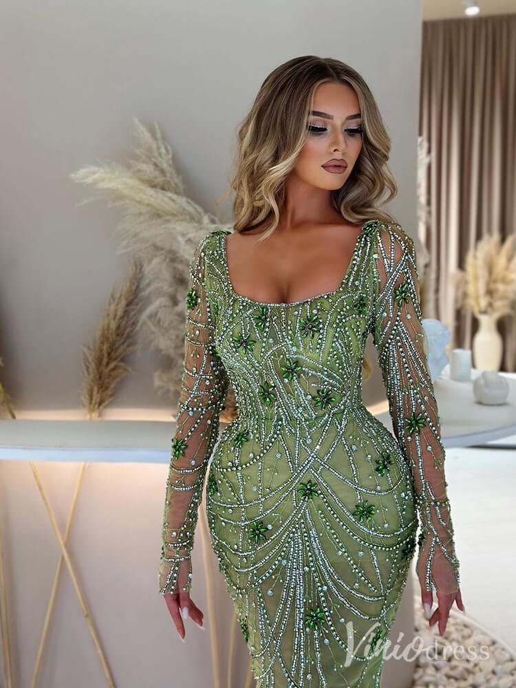 Beaded Mermaid Long Sleeve Prom Dresses Square Neck Pageant Dress AD1248-Evening Dresses 2025 -Viniodress-Green-US 2-