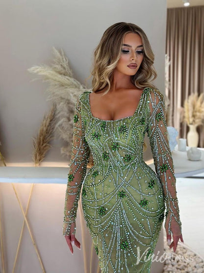 Beaded Mermaid Long Sleeve Prom Dresses Square Neck Pageant Dress AD1248-Evening Dresses 2025 -Viniodress-Green-US 2-