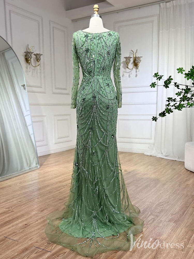 Beaded Mermaid Long Sleeve Prom Dresses Square Neck Pageant Dress AD1248-Evening Dresses 2025 -Viniodress-Green-US 2-