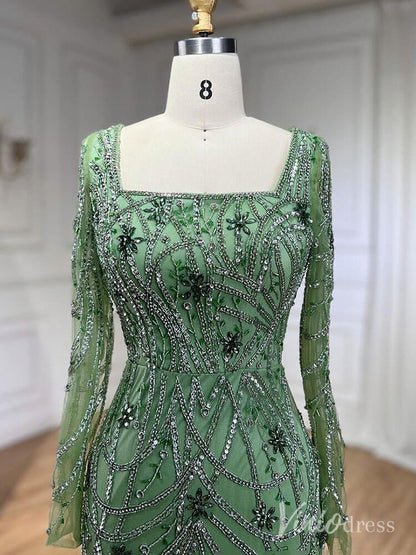 Beaded Mermaid Long Sleeve Prom Dresses Square Neck Pageant Dress AD1248-Evening Dresses 2025 -Viniodress-Green-US 2-