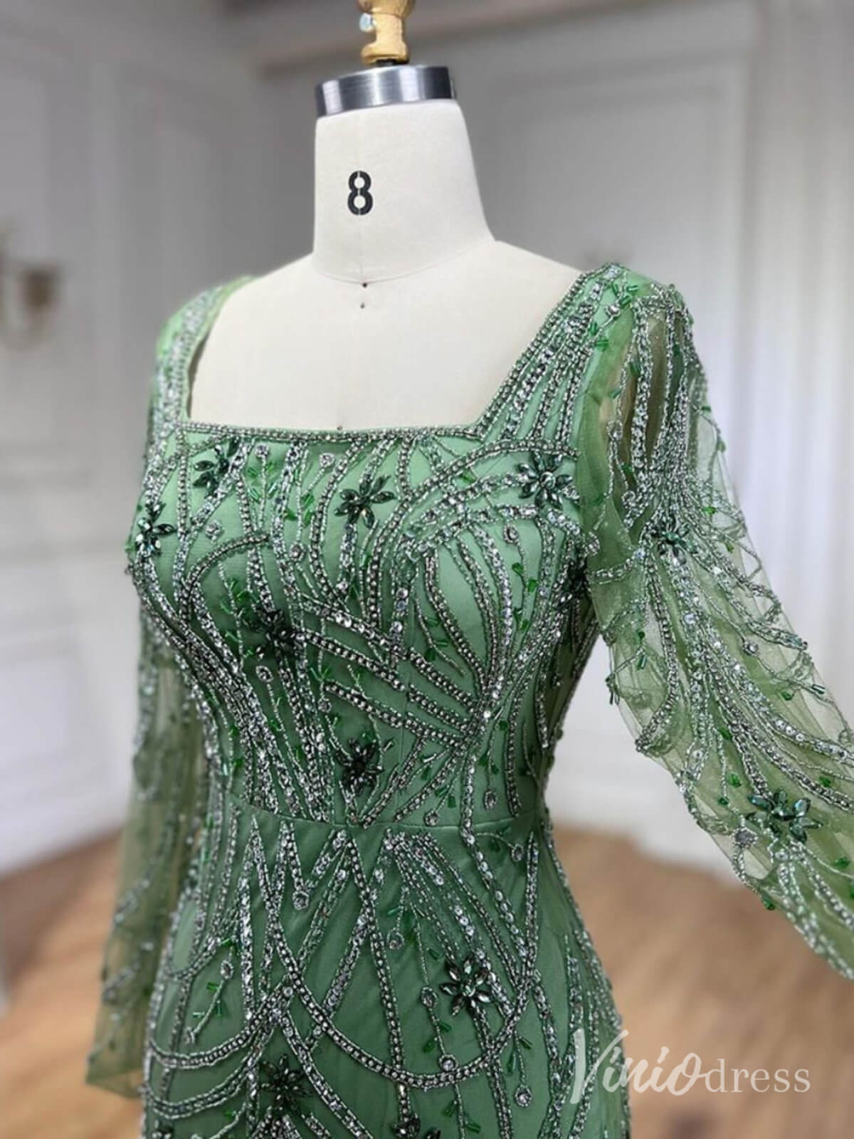 Beaded Mermaid Long Sleeve Prom Dresses Square Neck Pageant Dress AD1248-Evening Dresses 2025 -Viniodress-Green-US 2-