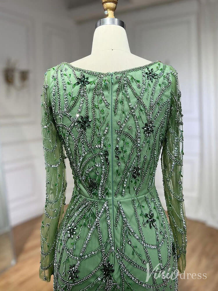 Beaded Mermaid Long Sleeve Prom Dresses Square Neck Pageant Dress AD1248-Evening Dresses 2025 -Viniodress-Green-US 2-