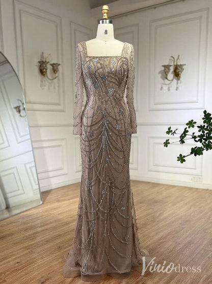 Beaded Mermaid Long Sleeve Prom Dresses Square Neck Pageant Dress AD1248-Evening Dresses 2025 -Viniodress-Khaki-US 2-