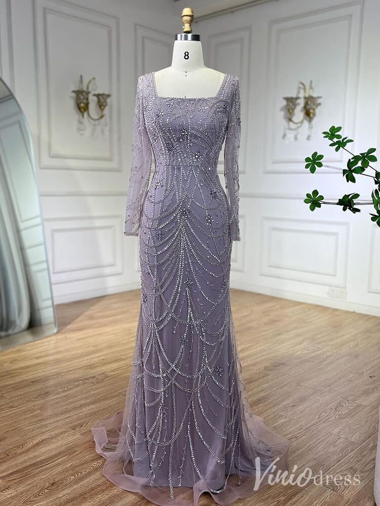 Beaded Mermaid Long Sleeve Prom Dresses Square Neck Pageant Dress AD1248-Evening Dresses 2025 -Viniodress-Lavender-US 2-