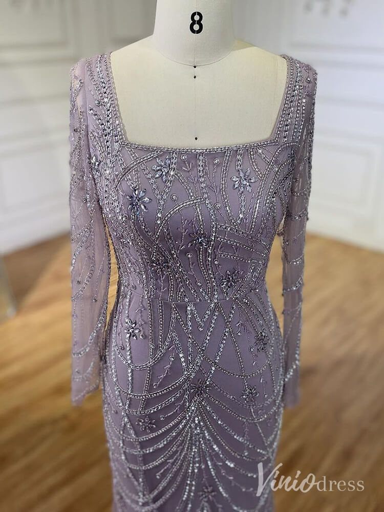 Beaded Mermaid Long Sleeve Prom Dresses Square Neck Pageant Dress AD1248-Evening Dresses 2025 -Viniodress-Green-US 2-