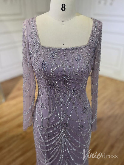 Beaded Mermaid Long Sleeve Prom Dresses Square Neck Pageant Dress AD1248-Evening Dresses 2025 -Viniodress-Green-US 2-