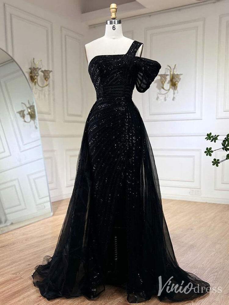 Beaded Mermaid One Shoulder Prom Dresses with Slit Overskirt Formal Dresses S20234-Evening Dresses 2025 -Viniodress-Black-US 2-