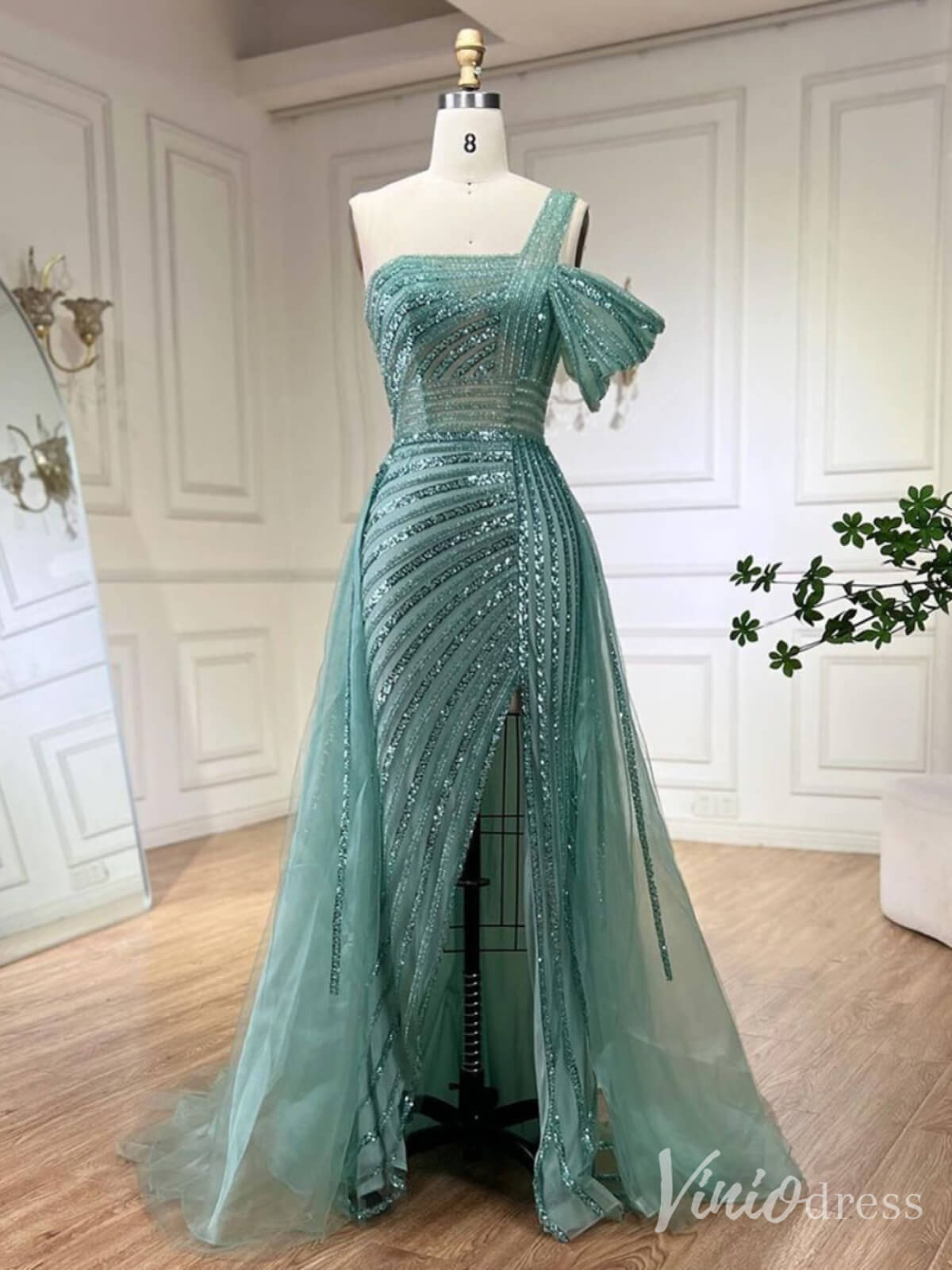 Beaded Mermaid One Shoulder Prom Dresses with Slit Overskirt Formal Dresses S20234-Evening Dresses 2025 -Viniodress-Green-US 2-