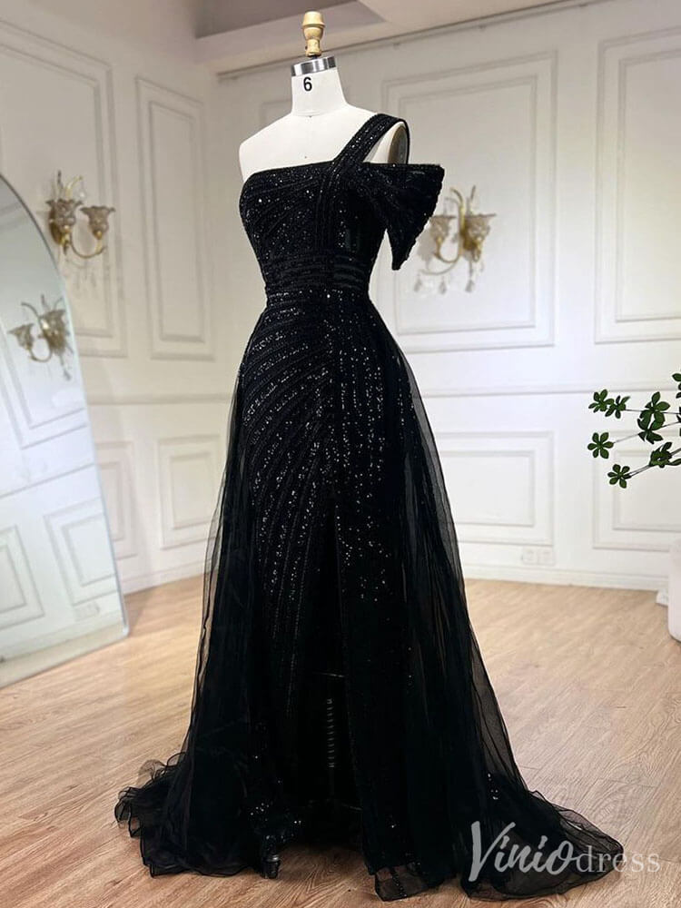 Beaded Mermaid One Shoulder Prom Dresses with Slit Overskirt Formal Dresses S20234-Evening Dresses 2025 -Viniodress-Purple-US 2-