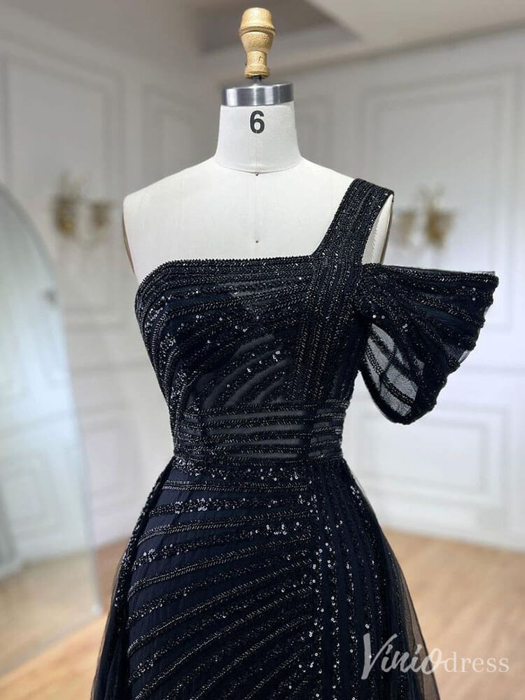 Beaded Mermaid One Shoulder Prom Dresses with Slit Overskirt Formal Dresses S20234-Evening Dresses 2025 -Viniodress-Purple-US 2-