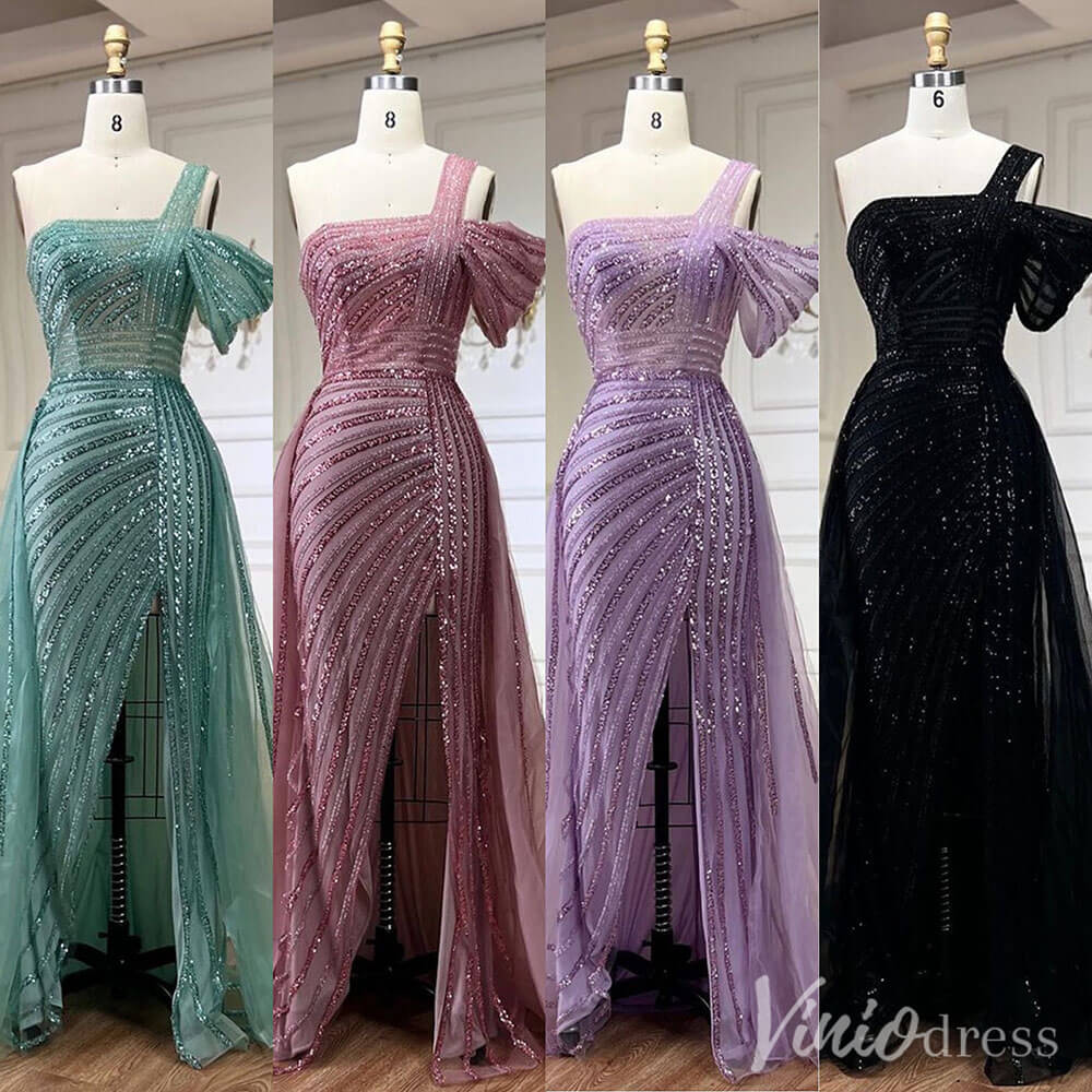 Beaded Mermaid One Shoulder Prom Dresses with Slit Overskirt Formal Dresses S20234-Evening Dresses 2025 -Viniodress-Purple-US 2-