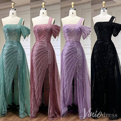 Beaded Mermaid One Shoulder Prom Dresses with Slit Overskirt Formal Dresses S20234-Evening Dresses 2025 -Viniodress-Purple-US 2-