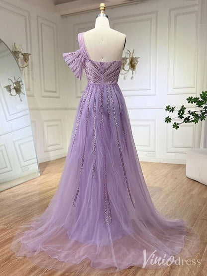 Beaded Mermaid One Shoulder Prom Dresses with Slit Overskirt Formal Dresses S20234-Evening Dresses 2025 -Viniodress-Purple-US 2-