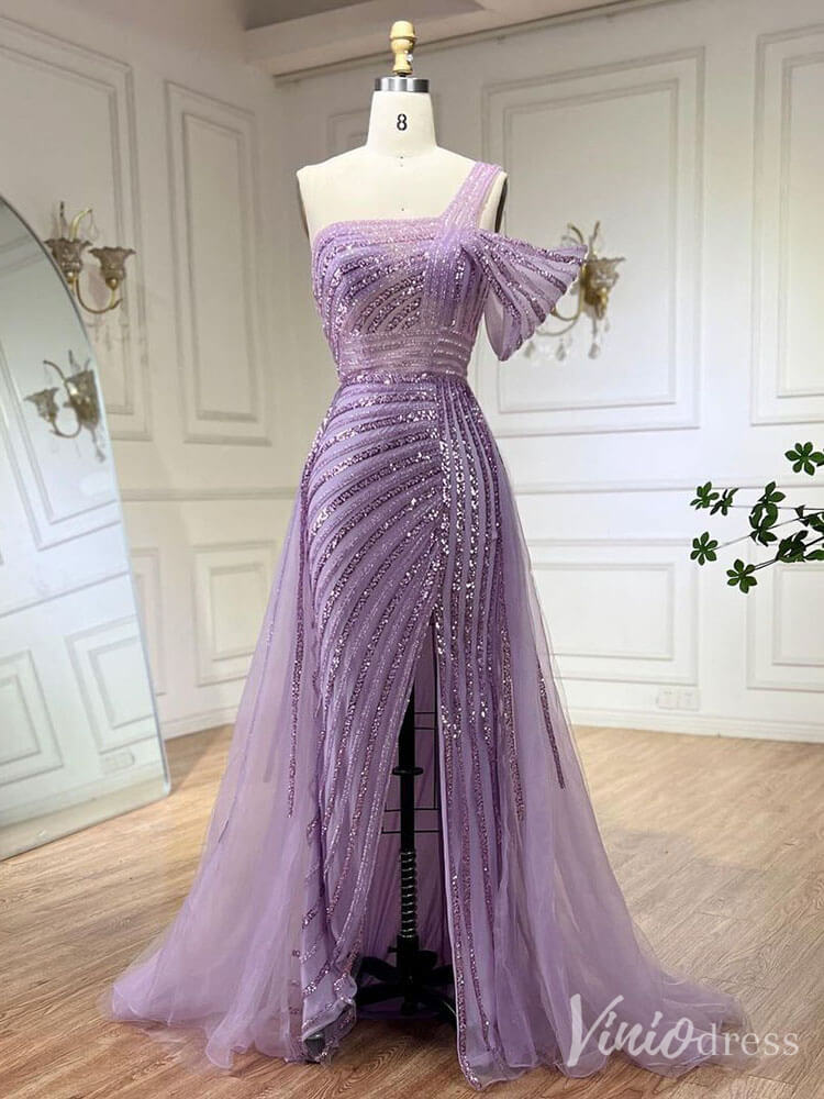 Beaded Mermaid One Shoulder Prom Dresses with Slit Overskirt Formal Dresses S20234-Evening Dresses 2025 -Viniodress-Purple-US 2-
