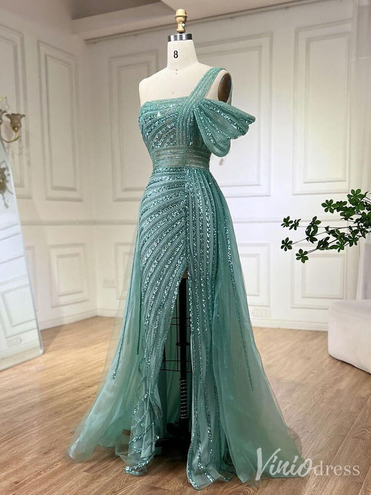 Prom Dress 2025 Beaded Mermaid One Shoulder Prom Dresses with Slit Overskirt Pageant Dress 20234-unique prom dresses-Lavender-US 2-Viniodress